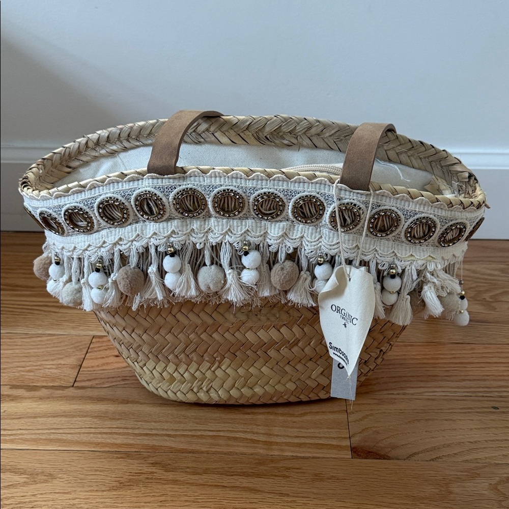 Hand Made Spain Boho Woven Straw Shoulder Tote with White Pom Pom Tassel Accents